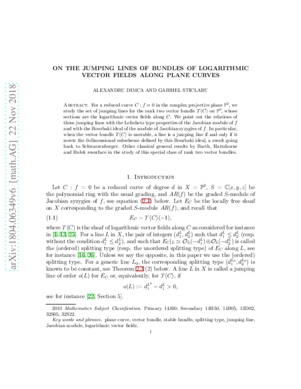 (PDF) On the jumping lines of bundles of logarithmic vector fields ...