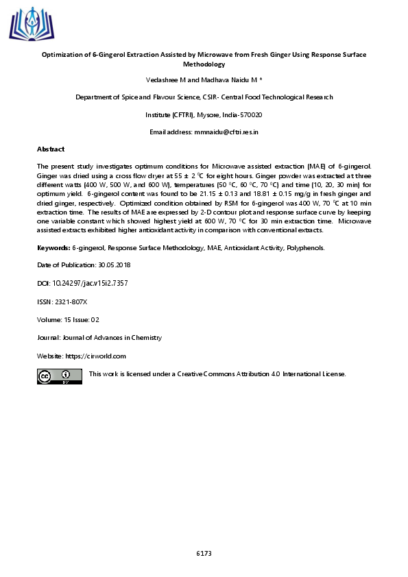 (PDF) Optimization of 6-Gingerol Extraction Assisted by Microwave From ...