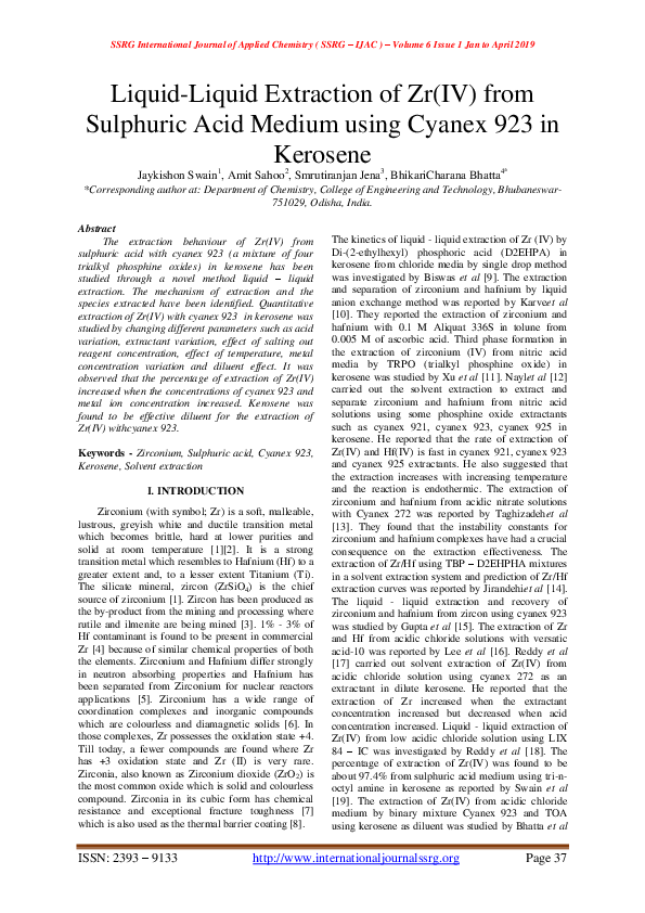 (PDF) Liquid-Liquid Extraction of Zr(IV) from Sulphuric Acid Medium ...