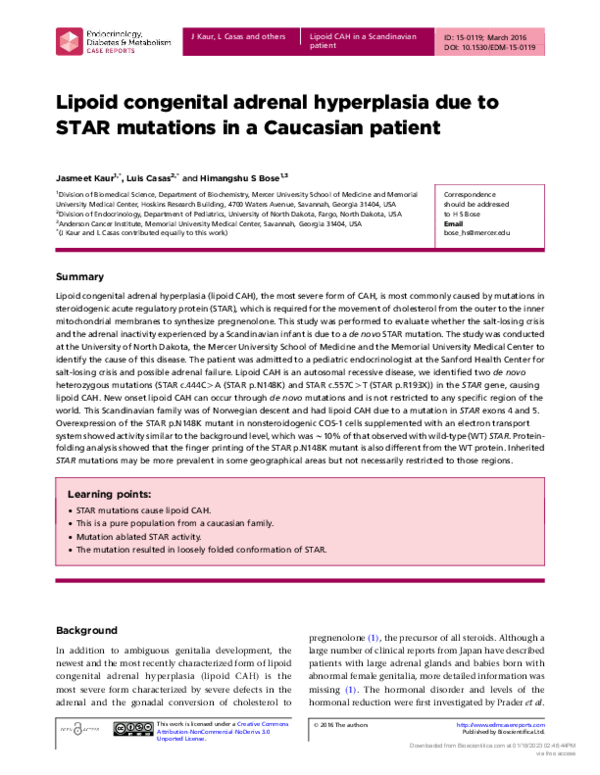 (PDF) Lipoid congenital adrenal hyperplasia due to STAR mutations in a ...