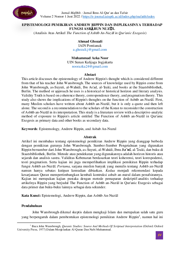 (PDF) EPISTEMOLOGI PEMIKIRAN ANDREW RIPPIN DAN IMPLIKASINYA TERHADAP ...