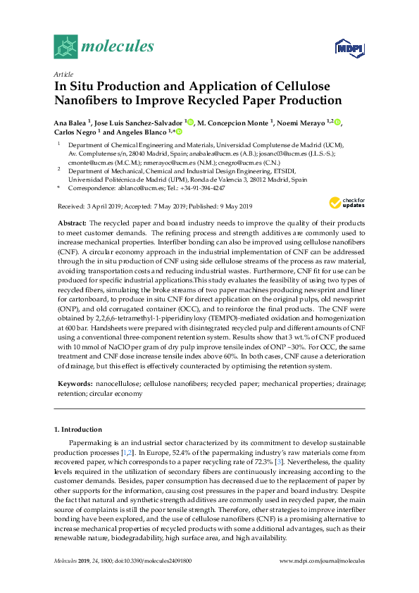 (PDF) In Situ Production and Application of Cellulose Nanofibers to ...
