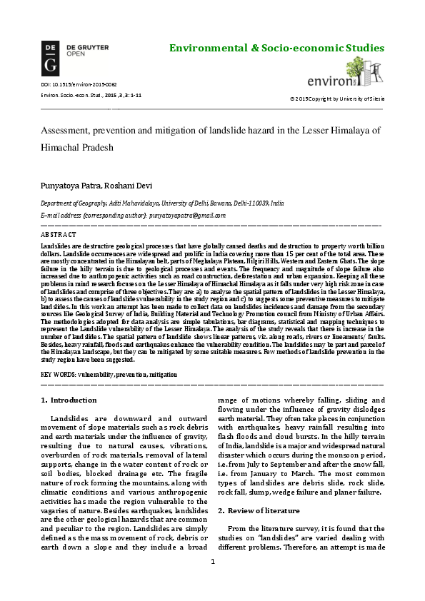 (PDF) Assessment, prevention and mitigation of landslide hazard in the ...