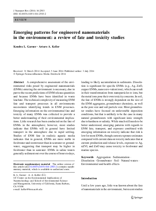 (PDF) Emerging patterns for engineered nanomaterials in the environment ...