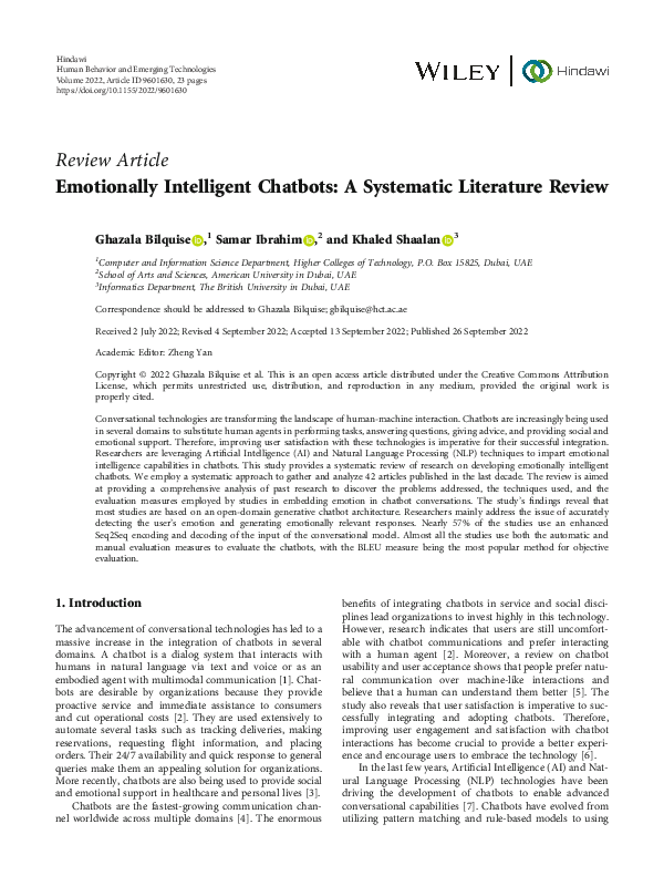 (PDF) Emotionally Intelligent Chatbots: A Systematic Literature Review