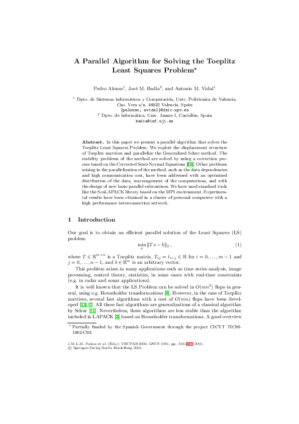 (PDF) A Parallel Algorithm for Solving the Toeplitz Least Squares Problem