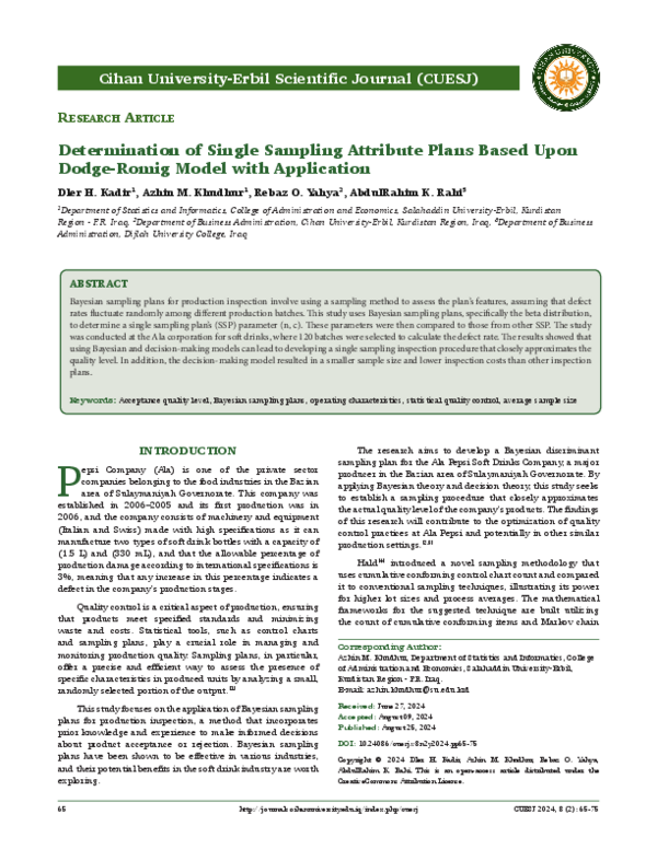 (PDF) Determination of Single Sampling Attribute Plans Based Upon Dodge ...