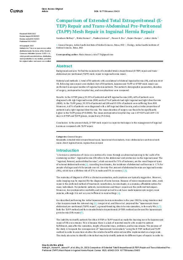 (PDF) Comparison of Extended Total Extraperitoneal (E-TEP) Repair and ...