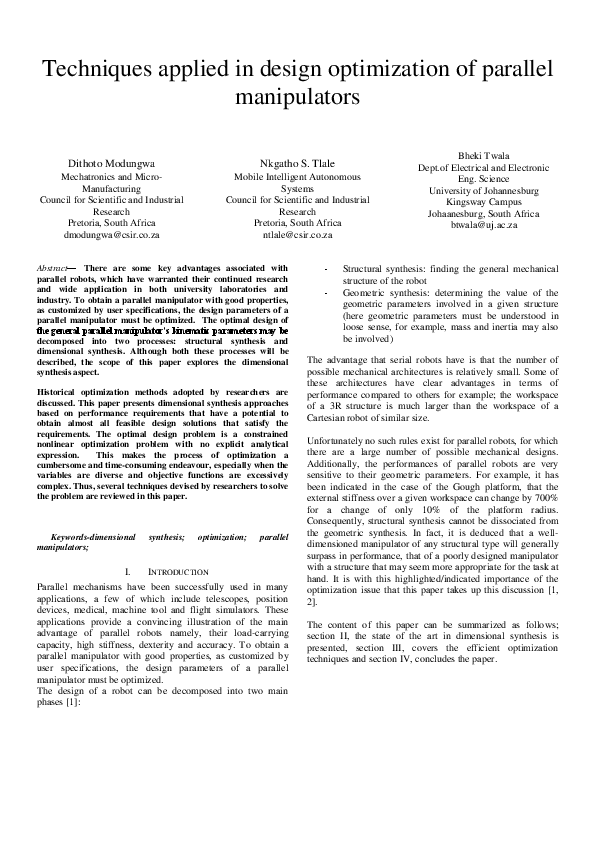 (PDF) Techniques applied in design optimization of parallel manipulators