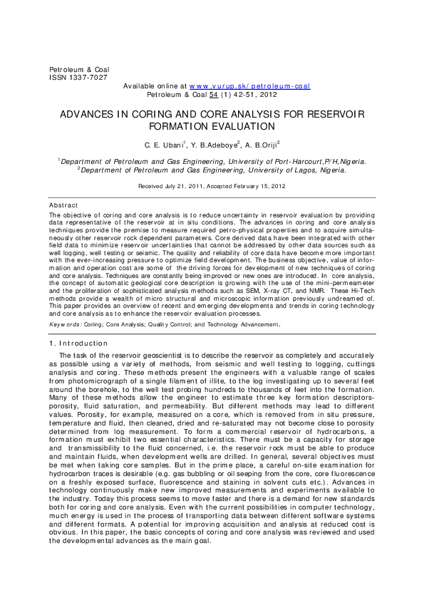 (PDF) Advances in Coring and Core Analysis for Reservoir Formation ...