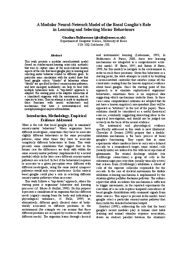 (PDF) A modular neural-network model of the basal ganglia’s role in ...