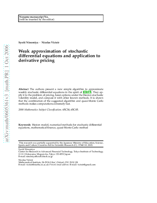 (PDF) Weak approximation of stochastic differential equations and ...