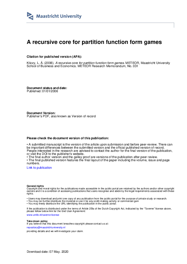 (PDF) A recursive core for partition function form games