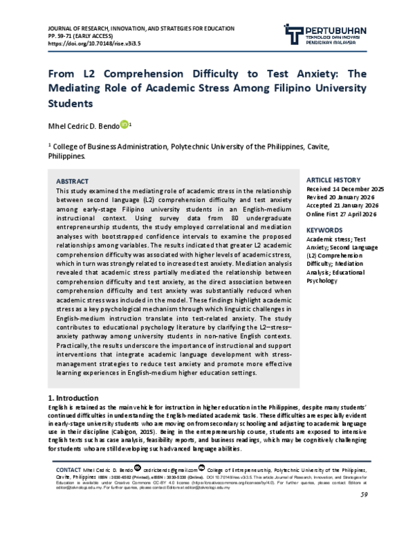 (PDF) From L2 Comprehension Difficulty to Test Anxiety: The Mediating ...