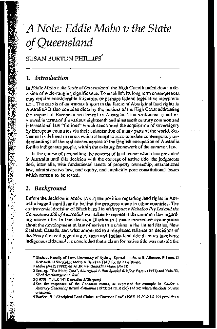 (PDF) A note: Eddie Mabo v The State of Queensland. by Susan Burton ...