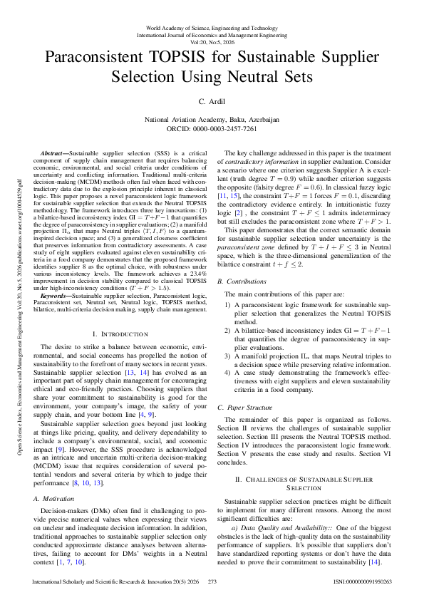 (PDF) Paraconsistent TOPSIS for Sustainable Supplier Selection Using ...