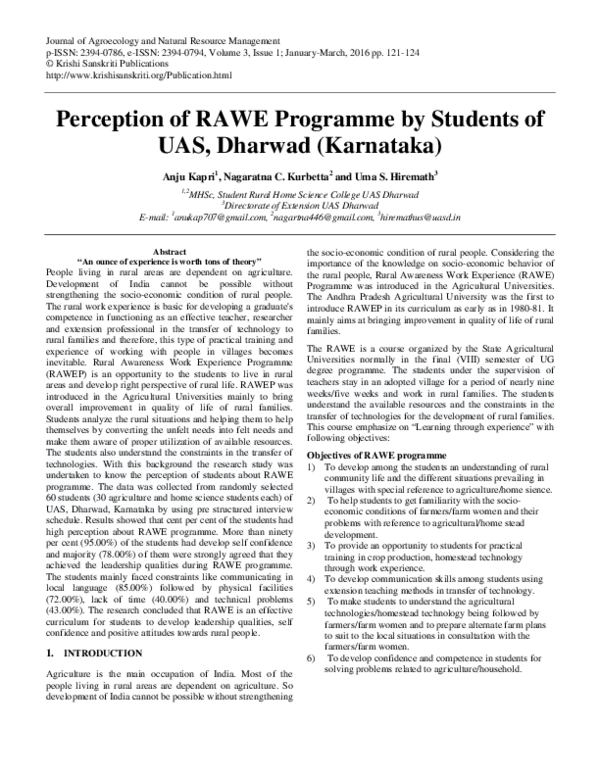 (PDF) Perception of RAWE Programme by Students of UAS, Dharwad (Karnataka