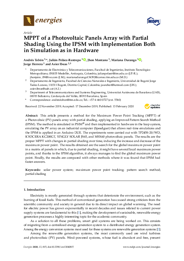 (PDF) MPPT of a Photovoltaic Panels Array with Partial Shading Using ...
