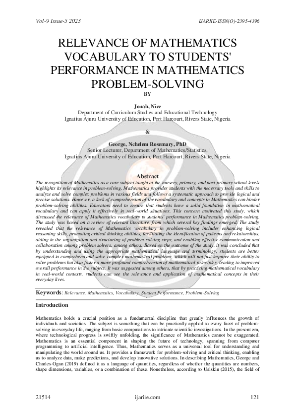 (PDF) RELEVANCE OF MATHEMATICS VOCABULARY TO STUDENTS' PERFORMANCE IN ...