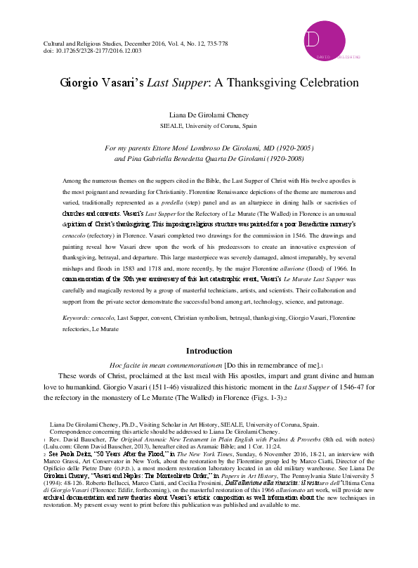 (PDF) Giorgio Vasari's Last Supper: A Thanksgiving Celebration