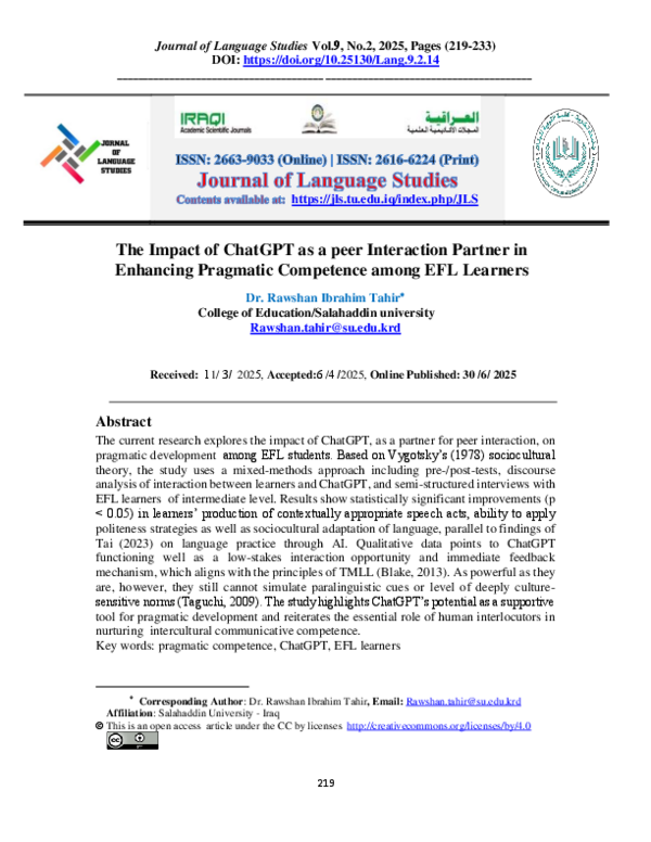 (PDF) The Impact of ChatGPT as a peer Interaction Partner in Enhancing ...