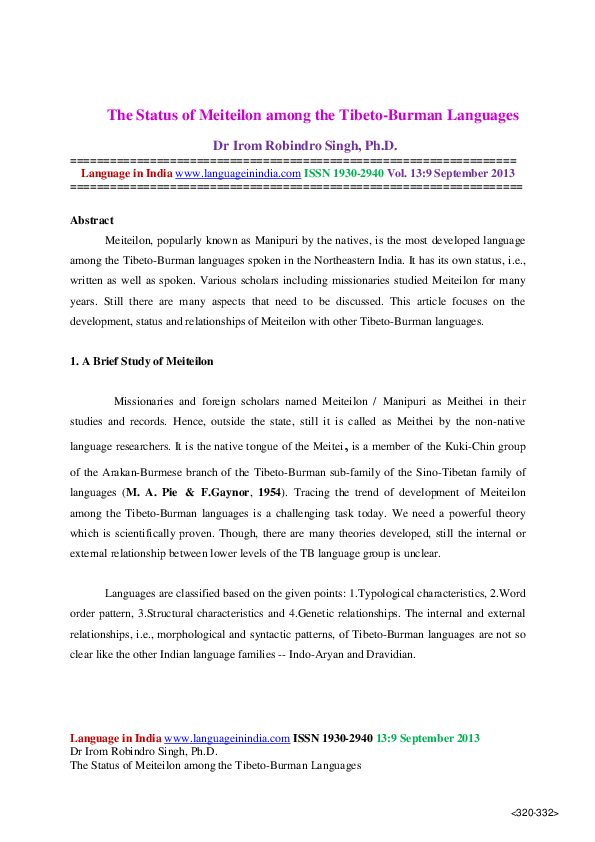 (PDF) The Status of Meiteilon among the Tibeto-Burman Languages