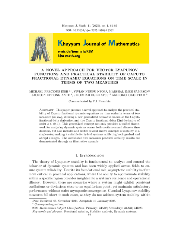 (PDF) A NOVEL APPROACH FOR VECTOR LYAPUNOV FUNCTIONS AND PRACTICAL ...