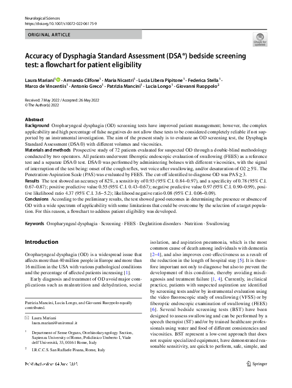 (PDF) Accuracy of Dysphagia Standard Assessment (DSA®) bedside ...