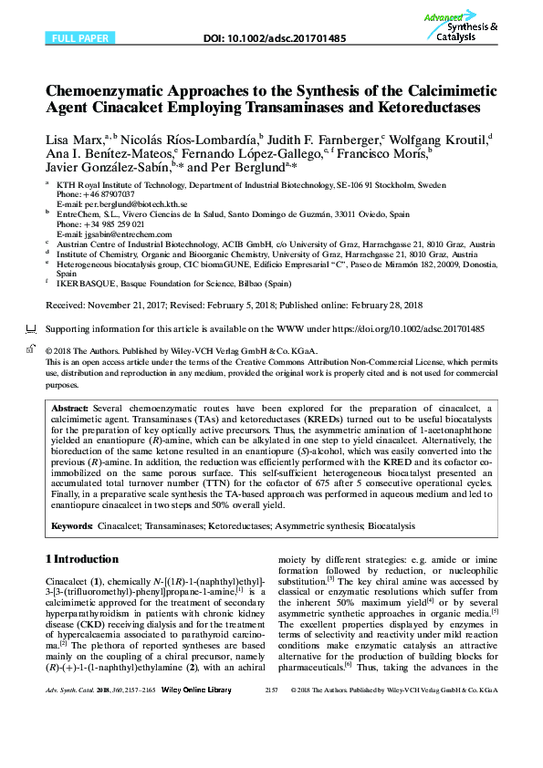 (PDF) Chemoenzymatic Approaches to the Synthesis of the Calcimimetic ...