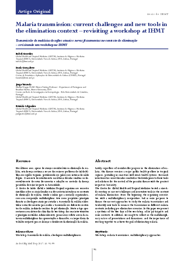 (PDF) Malaria transmission: current challenges and new tools in the ...