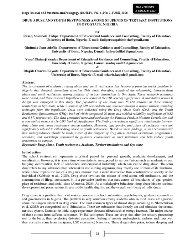 (PDF) DRUG ABUSE AND YOUTH RESTIVENESS AMONG STUDENTS OF TERTIARY ...