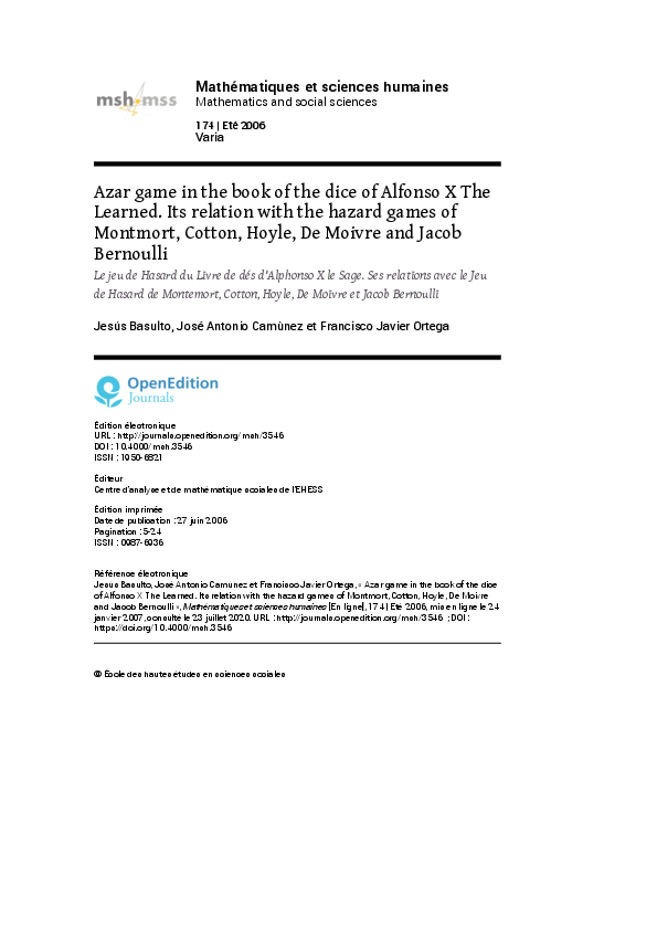 (PDF) Azar game in the book of the dice of Alfonso X The Learned. Its ...