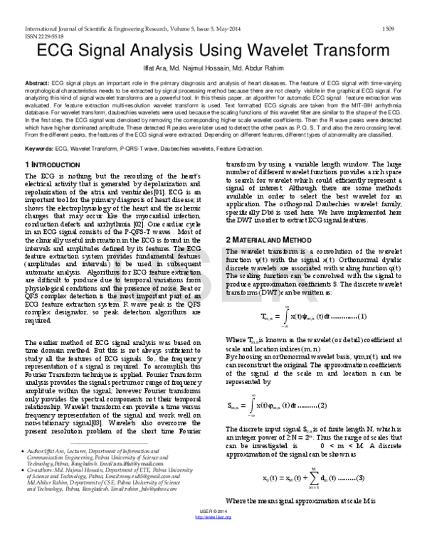 (PDF) ECG Signal Analysis Using Wavelet Transform