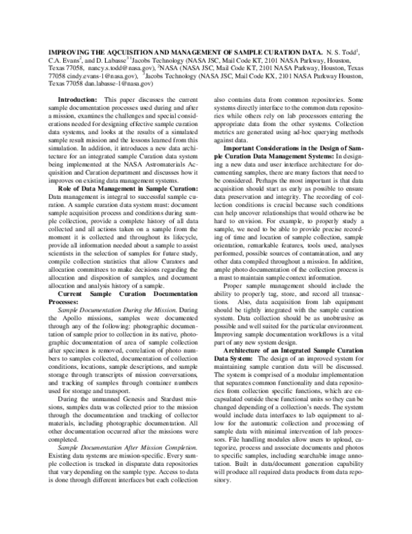 (PDF) Improving the Acquisition and Management of Sample Curation Data