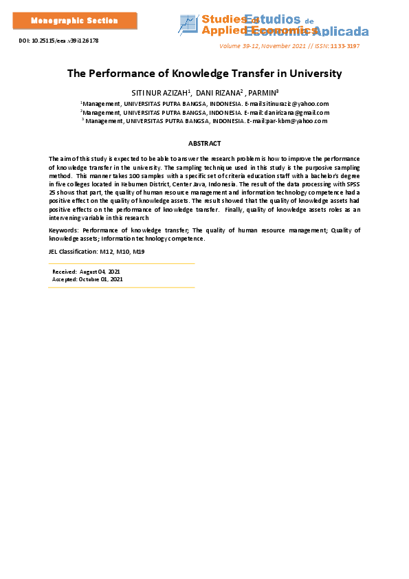 (PDF) The Performance of Knowledge Transfer in Unversity