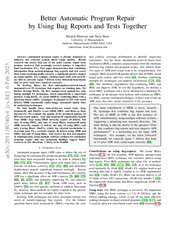 (PDF) Better Automatic Program Repair by Using Bug Reports and Tests ...