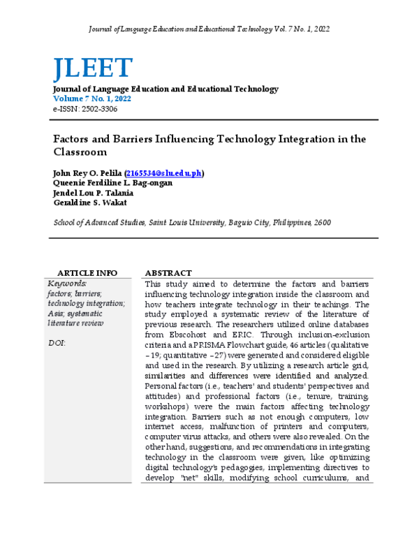 (PDF) Factors and Barriers Influencing Technology Integration in the ...