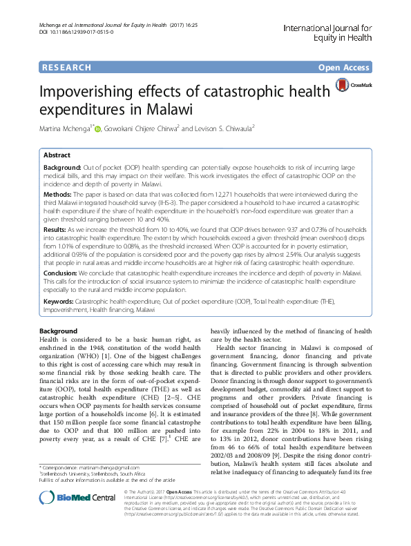 (PDF) Impoverishing effects of catastrophic health expenditures in Malawi