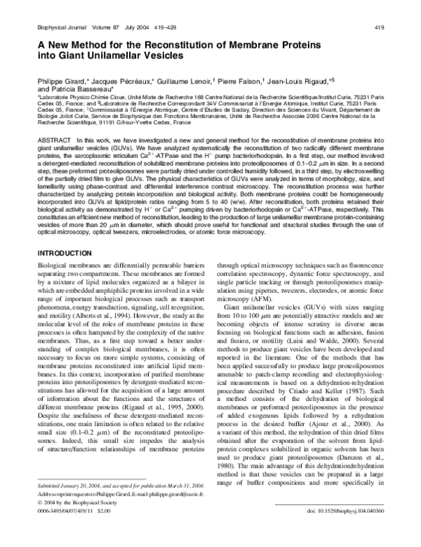 (PDF) A New Method for the Reconstitution of Membrane Proteins into ...