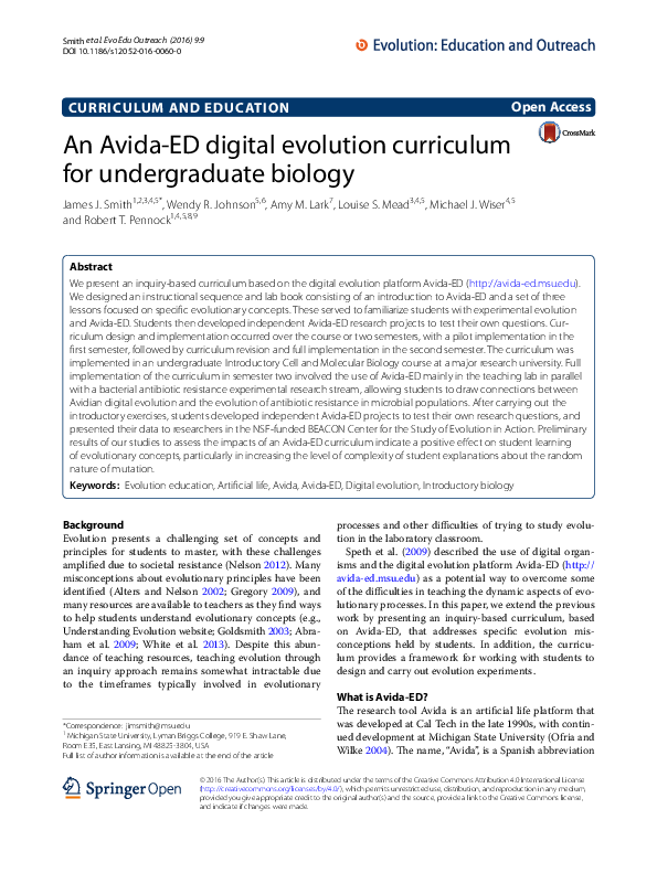 (PDF) An Avida-ED digital evolution curriculum for undergraduate biology