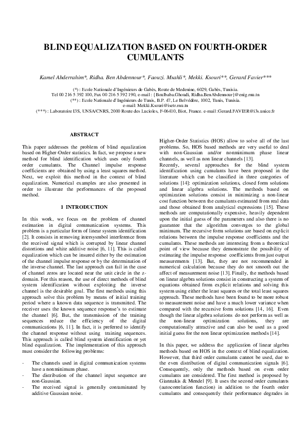 (PDF) Blind equalization based on fourth-order cumulants