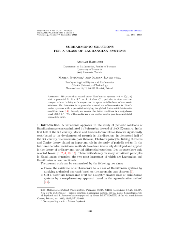 (PDF) Subharmonic solutions for a class of Lagrangian systems