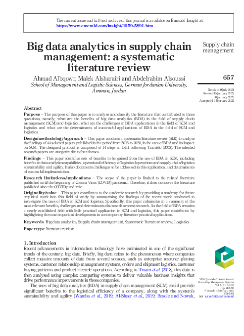 (PDF) Big data analytics in supply chain management: a systematic ...