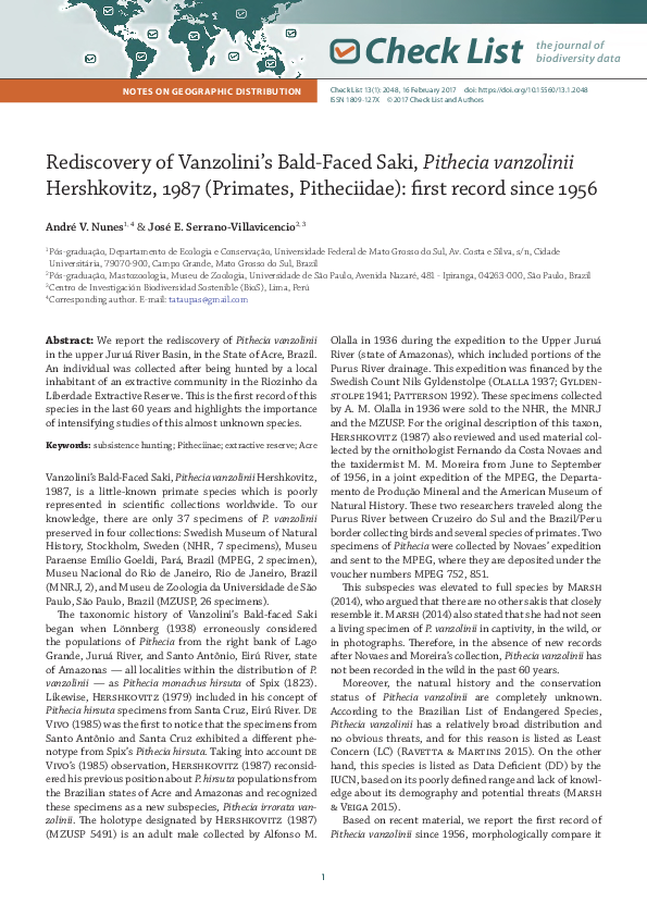 (PDF) Rediscovery of Vanzolini’s Bald-Faced Saki, Pithecia vanzolinii ...