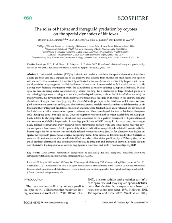 (PDF) The roles of habitat and intraguild predation by coyotes on the ...