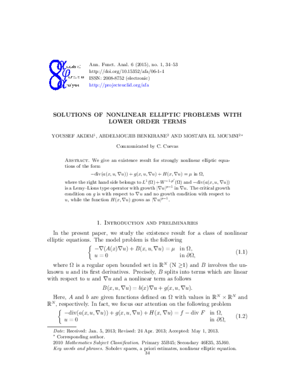 (PDF) Solutions of nonlinear elliptic problems with lower order terms