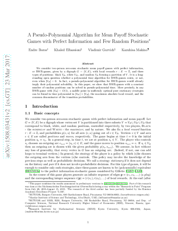 (PDF) A pseudo-polynomial algorithm for mean payoff stochastic games ...