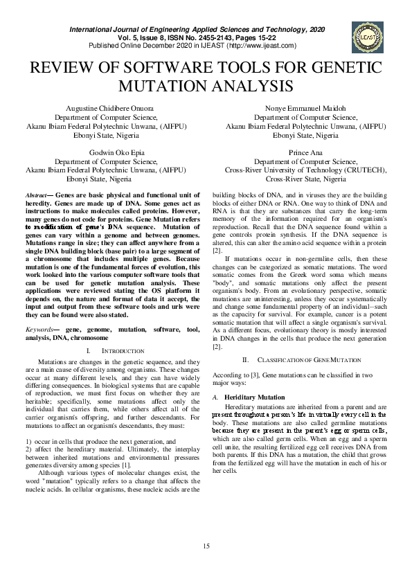 (PDF) Review of Software Tools for Genetic Mutation Analysis
