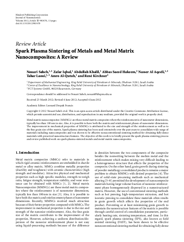 (PDF) Spark Plasma Sintering of Metals and Metal Matrix Nanocomposites ...