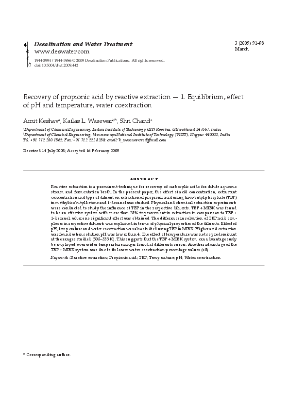 (PDF) Recovery of propionic acid by reactive extraction - 1 ...